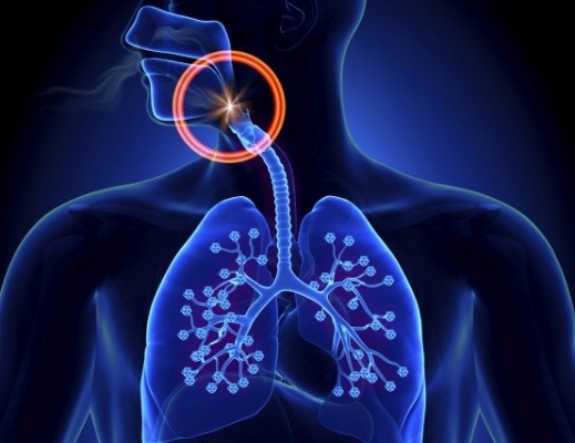 Animated side profile of person with the throat circled in red