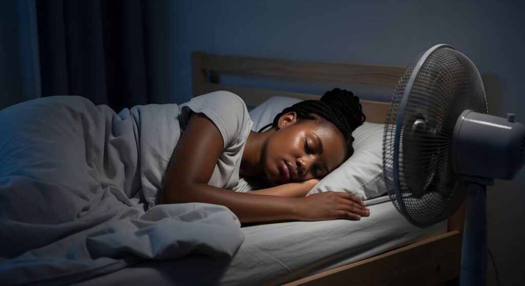 An AI image of a woman sleeping with a fan on